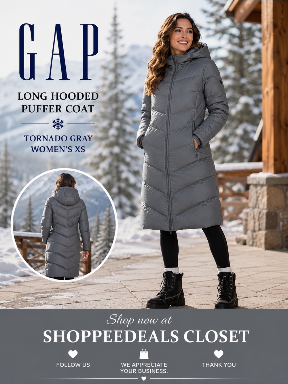 GAP Long Hooded Puffer Coat – Tornado Gray – Women’s XS